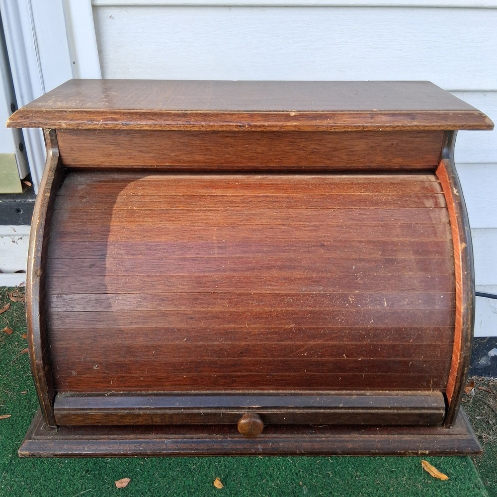 Vtg Wooden Roll Top Bread Box Farmhouse Rustic Country Cottage Kitchen Storage